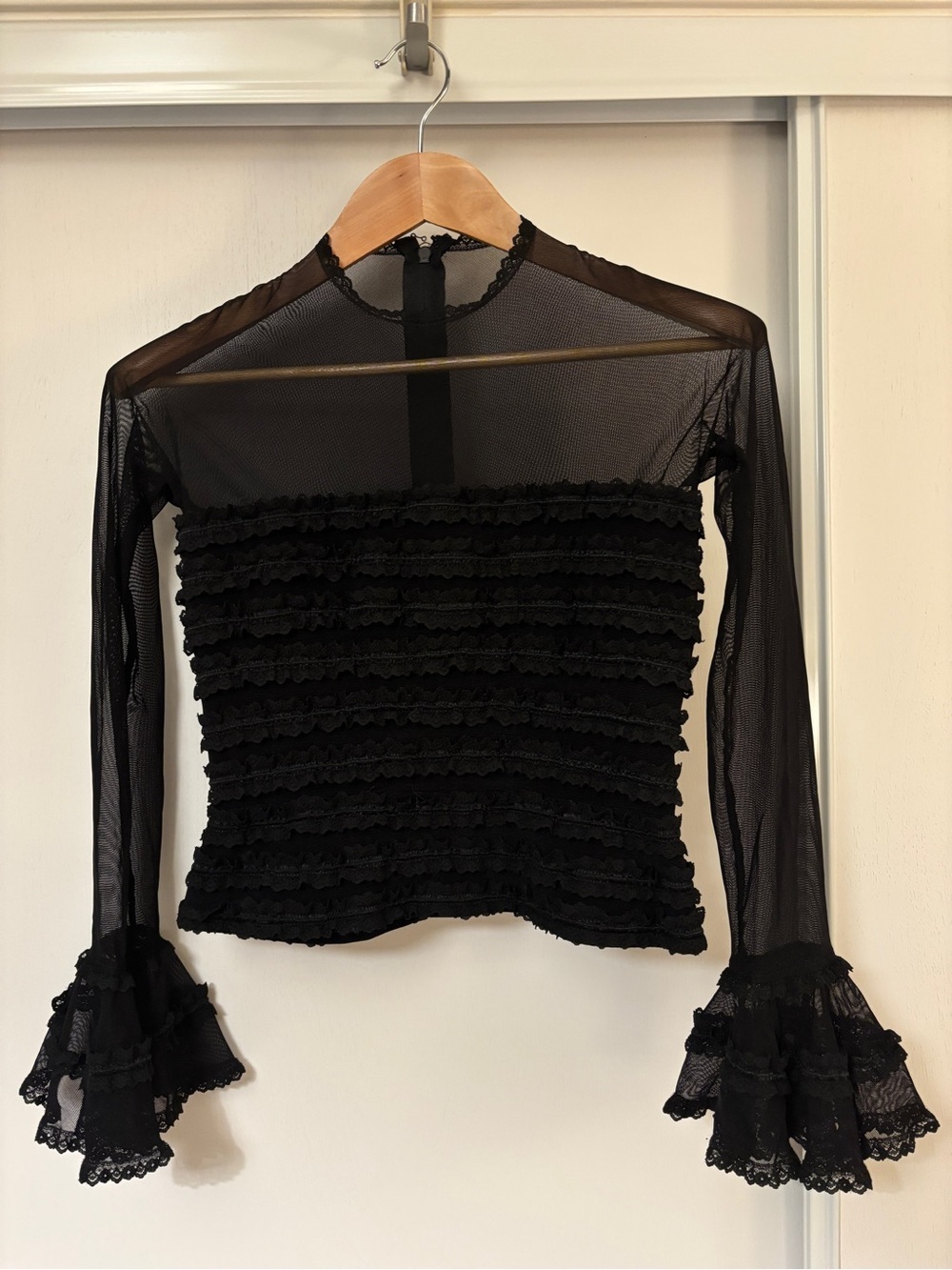Rare Vintage Whimsigoth Lace Top Size XS Black Sheer Ruffle Bell Sleeve Bratz